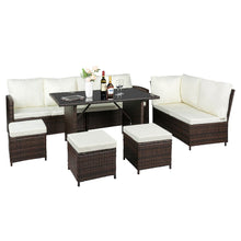 Load image into Gallery viewer, 9-Seater Rattan Furniture Outdoor Sofa Dining Table With Free Rain Cover Black Silk Screen Glass Beige Sofa Cover (UK Flame Retardant Material) Brown Gradient Rattan Rattan Multi-Piece Cover
