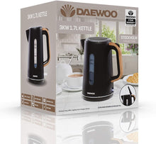 Load image into Gallery viewer, Daewoo Stockholm 1.7L Wood Effect Handle Cordless Design Black Kettle