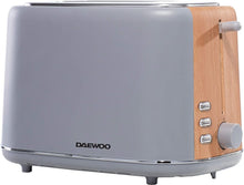 Load image into Gallery viewer, Daewoo Stockholm 2 Slice Matte Finish Wood Effect Toaster | Cancel, Defrost & Reheat 6 Time Settings | Self Centre Function | Bread Size 12cm x 12cm-Slide Out Crumb Tray | 800W Power-Grey