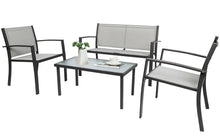 Load image into Gallery viewer, Grey Garden Furniture Set, 4 Piece Patio Furniture Glass Coffee Table 2 Textilene Armchairs 1 Double Seat Sofa Conversation Set, for Patio Outdoor Poolside