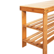 Load image into Gallery viewer, 90cm Strip Pattern 3 Tiers Bamboo Stool Shoe Rack Wood Color
