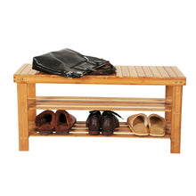 Load image into Gallery viewer, 90cm Strip Pattern 3 Tiers Bamboo Stool Shoe Rack Wood Color