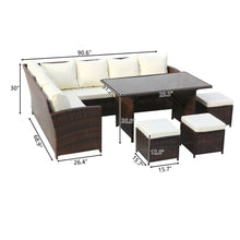 Load image into Gallery viewer, 9-Seater Rattan Furniture Outdoor Sofa Dining Table With Free Rain Cover Black Silk Screen Glass Beige Sofa Cover (UK Flame Retardant Material) Brown Gradient Rattan Rattan Multi-Piece Cover