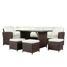 Load image into Gallery viewer, 9-Seater Rattan Furniture Outdoor Sofa Dining Table With Free Rain Cover Black Silk Screen Glass Beige Sofa Cover (UK Flame Retardant Material) Brown Gradient Rattan Rattan Multi-Piece Cover