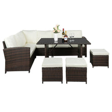 Load image into Gallery viewer, 9-Seater Rattan Furniture Outdoor Sofa Dining Table With Free Rain Cover Black Silk Screen Glass Beige Sofa Cover (UK Flame Retardant Material) Brown Gradient Rattan Rattan Multi-Piece Cover