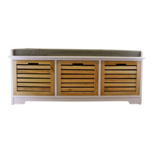 Load image into Gallery viewer, White & Natural 3 Drawer Storage Bench With Grey Cushion