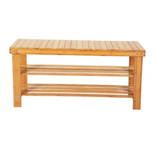 Load image into Gallery viewer, 90cm Strip Pattern 3 Tiers Bamboo Stool Shoe Rack Wood Color