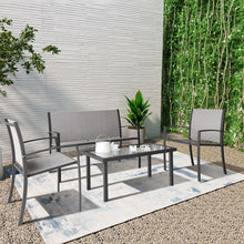 Load image into Gallery viewer, Grey Garden Furniture Set, 4 Piece Patio Furniture Glass Coffee Table 2 Textilene Armchairs 1 Double Seat Sofa Conversation Set, for Patio Outdoor Poolside