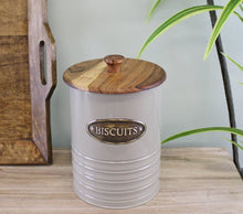 Load image into Gallery viewer, Metal and Acacia Wood Biscuit Tin, 19x15cm
