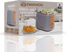 Load image into Gallery viewer, Daewoo Stockholm 2 Slice Matte Finish Wood Effect Toaster | Cancel, Defrost &amp; Reheat 6 Time Settings | Self Centre Function | Bread Size 12cm x 12cm-Slide Out Crumb Tray | 800W Power-Grey
