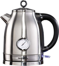 Load image into Gallery viewer, Daewoo Kingsbury 1.7L Stainless Steel Dial Kettle | 3kW | Removable &amp; Washable Limescale Filter | Retro Dial Temperature Gauge | Auto &amp; Manual Switch Off with LTD Indicator - Silver
