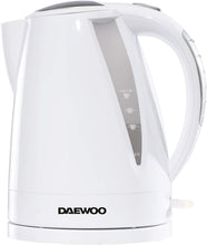 Load image into Gallery viewer, Daewoo Balmoral 1.6L Plastic Kettle (220-240V/50-60Hz/2520-3000W) with Removable &amp; Washable Limescale Filter and 360 Rotation Base, Locking Lid with Auto &amp; Manual Switch Off and LED Indicator - White
