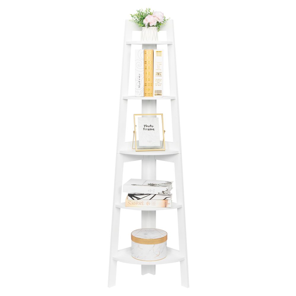 5 Tier Corner Shelf Stand Wood Display Storage Home Furniture White