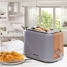 Load image into Gallery viewer, Daewoo Stockholm 2 Slice Matte Finish Wood Effect Toaster | Cancel, Defrost &amp; Reheat 6 Time Settings | Self Centre Function | Bread Size 12cm x 12cm-Slide Out Crumb Tray | 800W Power-Grey
