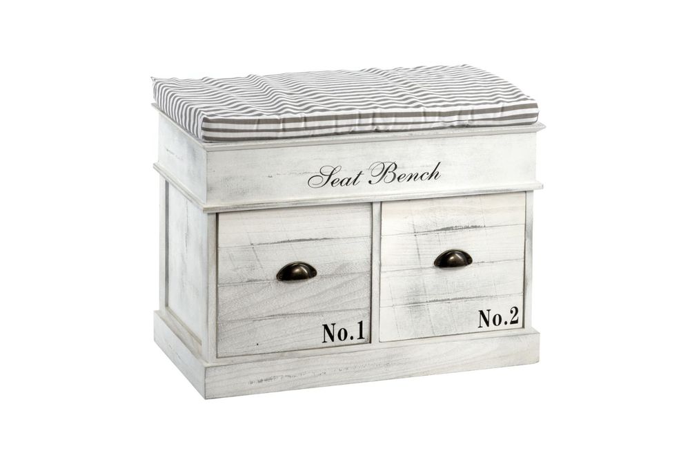 White Wood Seat Bench 2 Drawers 70 x 35 x 50cm