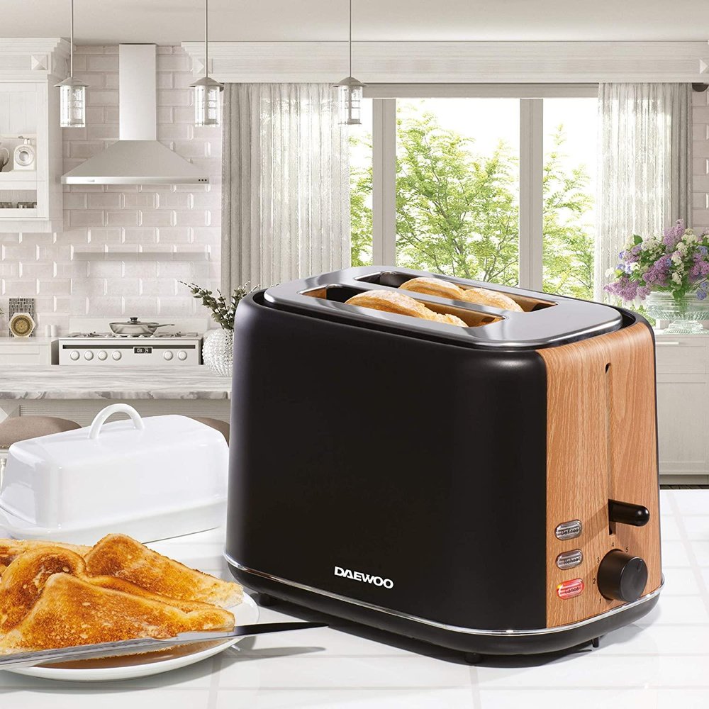 Daewoo Stockholm 2 Slice Matte Finish Wood Effect Toaster Cancel Defrost Reheat