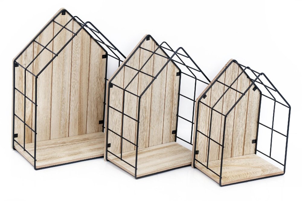 Wood & Wire House Shaped Display Units, Set of 3