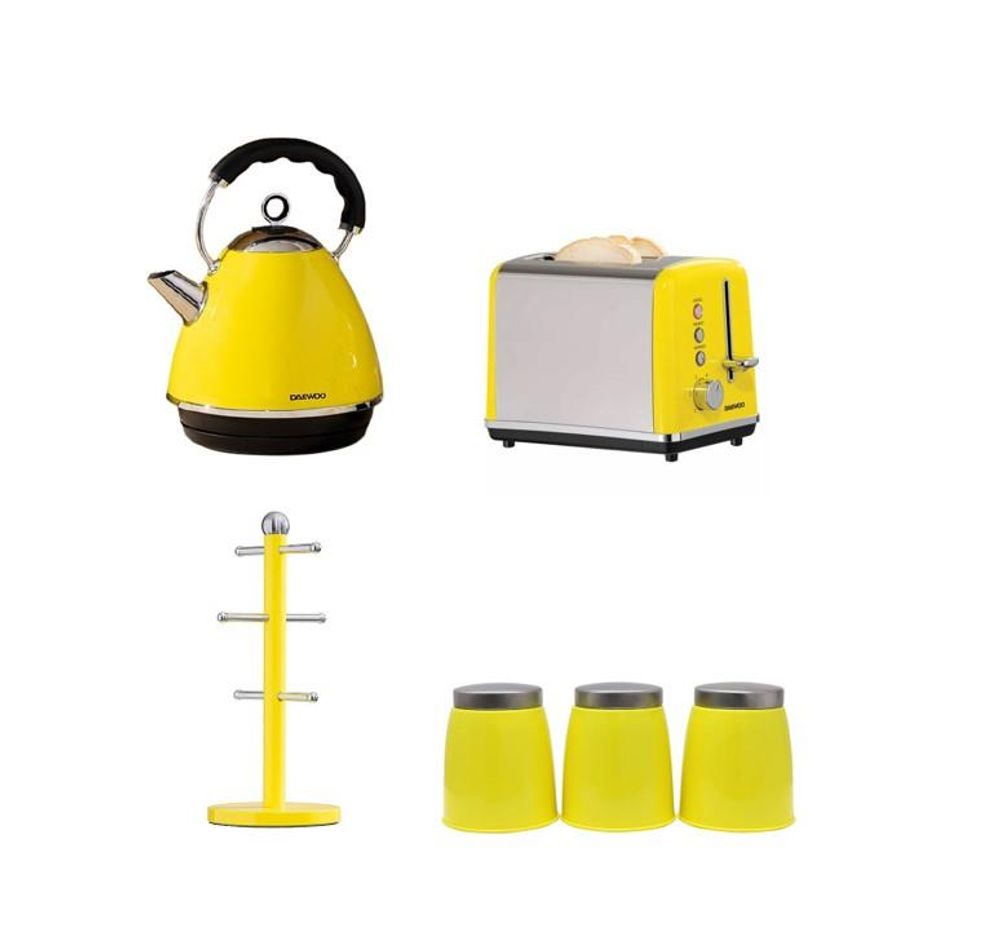 Daewoo Soho 1.7L 3KW Pyramid Kettle, 2 Slice Toaster, Set of  Three Canisters & Mug Tree - Yellow