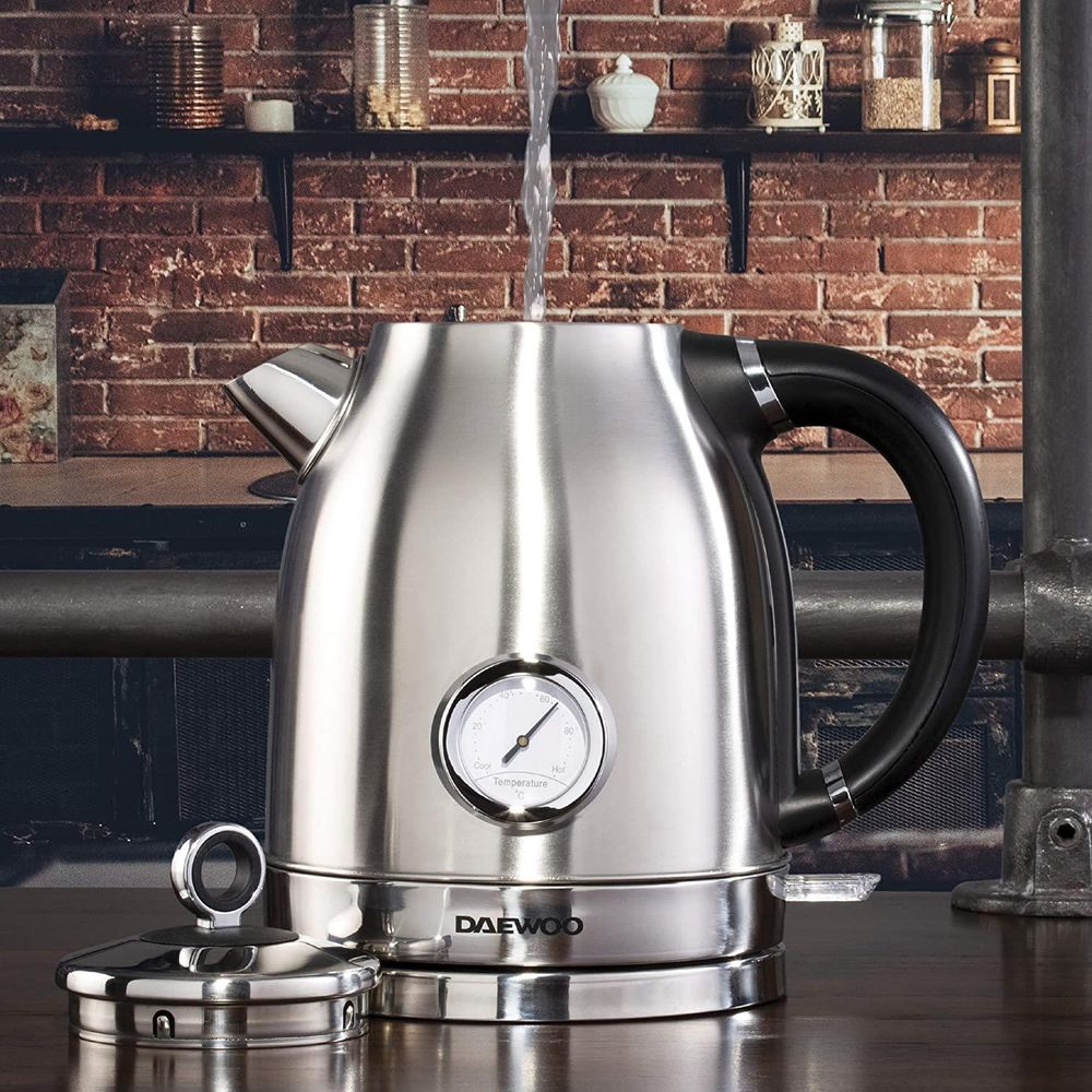 Daewoo Kingsbury 1.7L Stainless Steel Dial Kettle | 3kW | Removable & Washable Limescale Filter | Retro Dial Temperature Gauge | Auto & Manual Switch Off with LTD Indicator - Silver