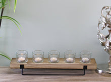 Load image into Gallery viewer, 5 Piece Glass, Wood &amp; Metal Tealight Holder
