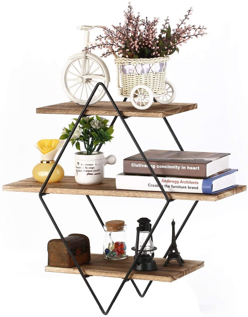 Floating Shelves, 3 Tier Geometric Diamond Wall Shelves, Wood and Metal Art, Rustic Farmhouse Decor