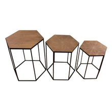 Load image into Gallery viewer, Set Of 3 Black Metal And Wood Hexagonal Side Tables
