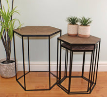 Load image into Gallery viewer, Set Of 3 Black Metal And Wood Hexagonal Side Tables
