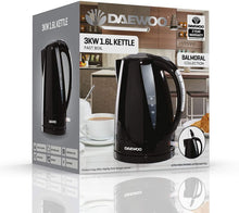 Load image into Gallery viewer, Daewoo Balmoral 1.6L Plastic Kettle (220-240V/50-60Hz/2520-3000W) with Removable &amp; Washable Limescale Filter and 360 Rotation Base, Locking Lid with Auto &amp; Manual Switch Off and LED Indicator - Black
