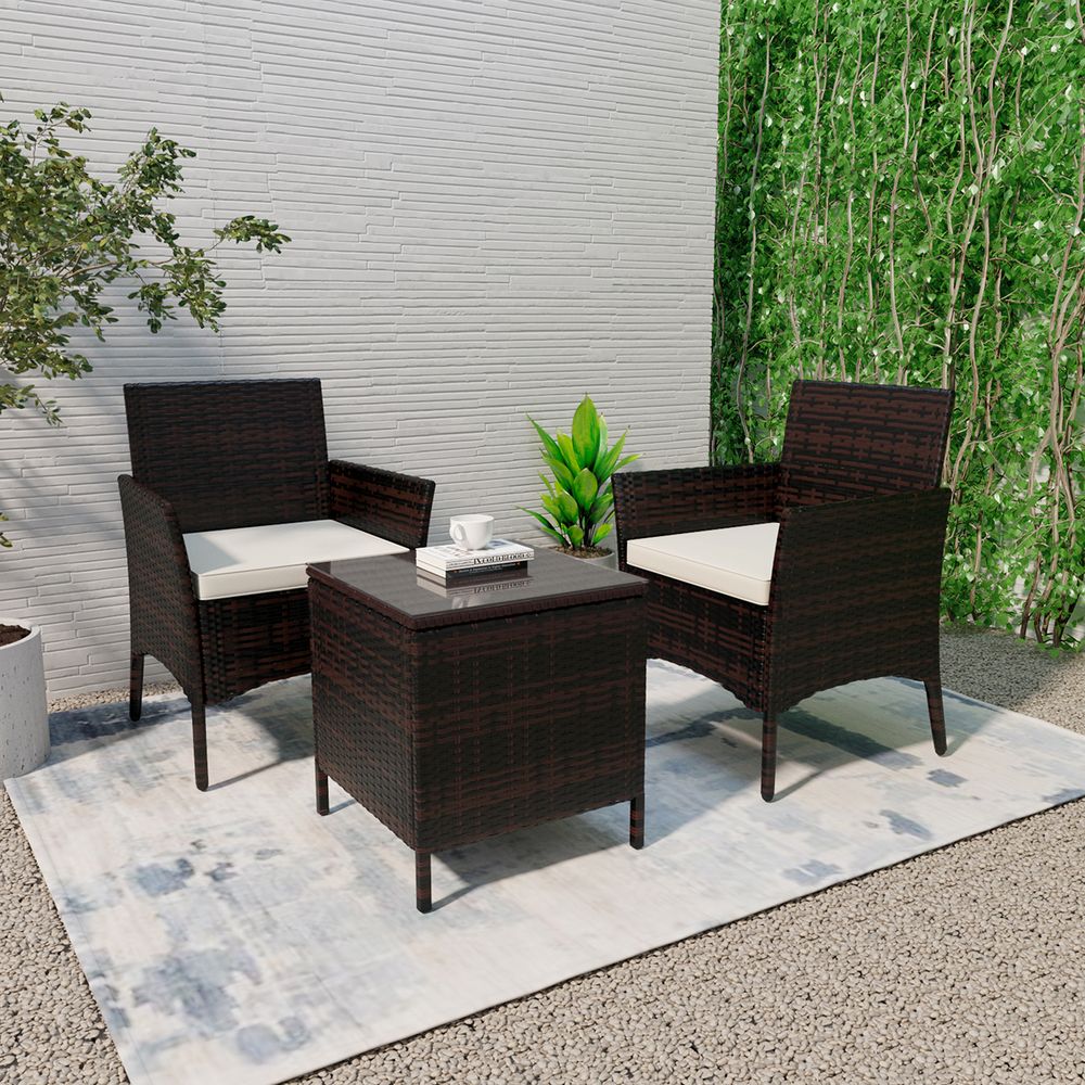 3 PCS Rattan Wicker Furniture Set 2 Seater, PE Rattan Garden Patio Garden Furniture Bistro Set, Outdoor Seating Garden Chairs Set Of 2 with Coffee Table for Garden Patio Bistro Porch Balcony