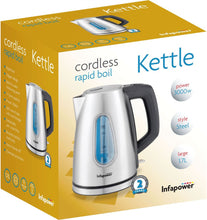 Load image into Gallery viewer, Infapower 3000W Rapid Boil 1.8L Cordless Kettle X504– Stainless Steel
