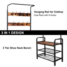 Load image into Gallery viewer, Industrial Vintage Coat Rack Shoe Bench, Hall Tree Entryway Storage Shelf, 3 in 1 Design
