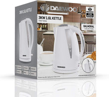 Load image into Gallery viewer, Daewoo Balmoral 1.6L Plastic Kettle (220-240V/50-60Hz/2520-3000W) with Removable &amp; Washable Limescale Filter and 360 Rotation Base, Locking Lid with Auto &amp; Manual Switch Off and LED Indicator - White
