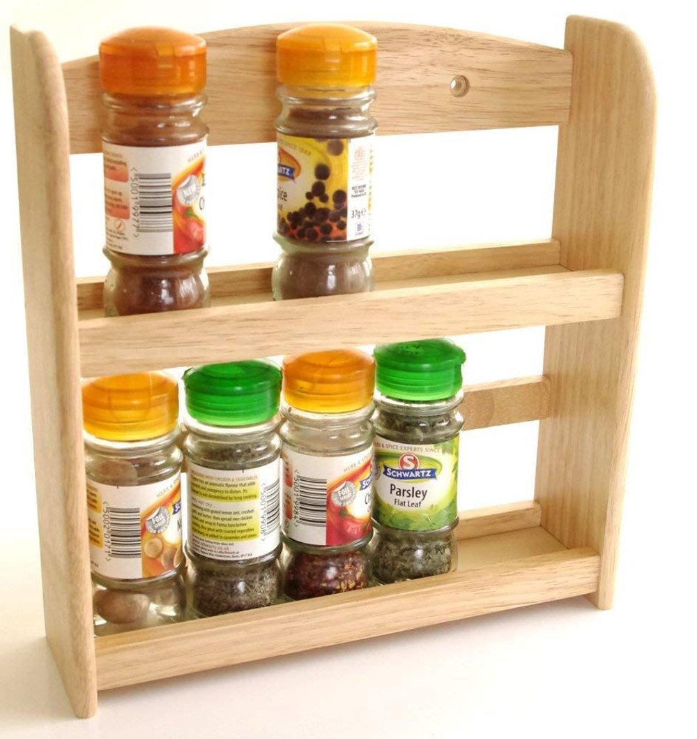 Solid Hevea Wood 2 Tier Spice Rack Herb Rack Wall Mount Wooden Storage Holder Stand -6328